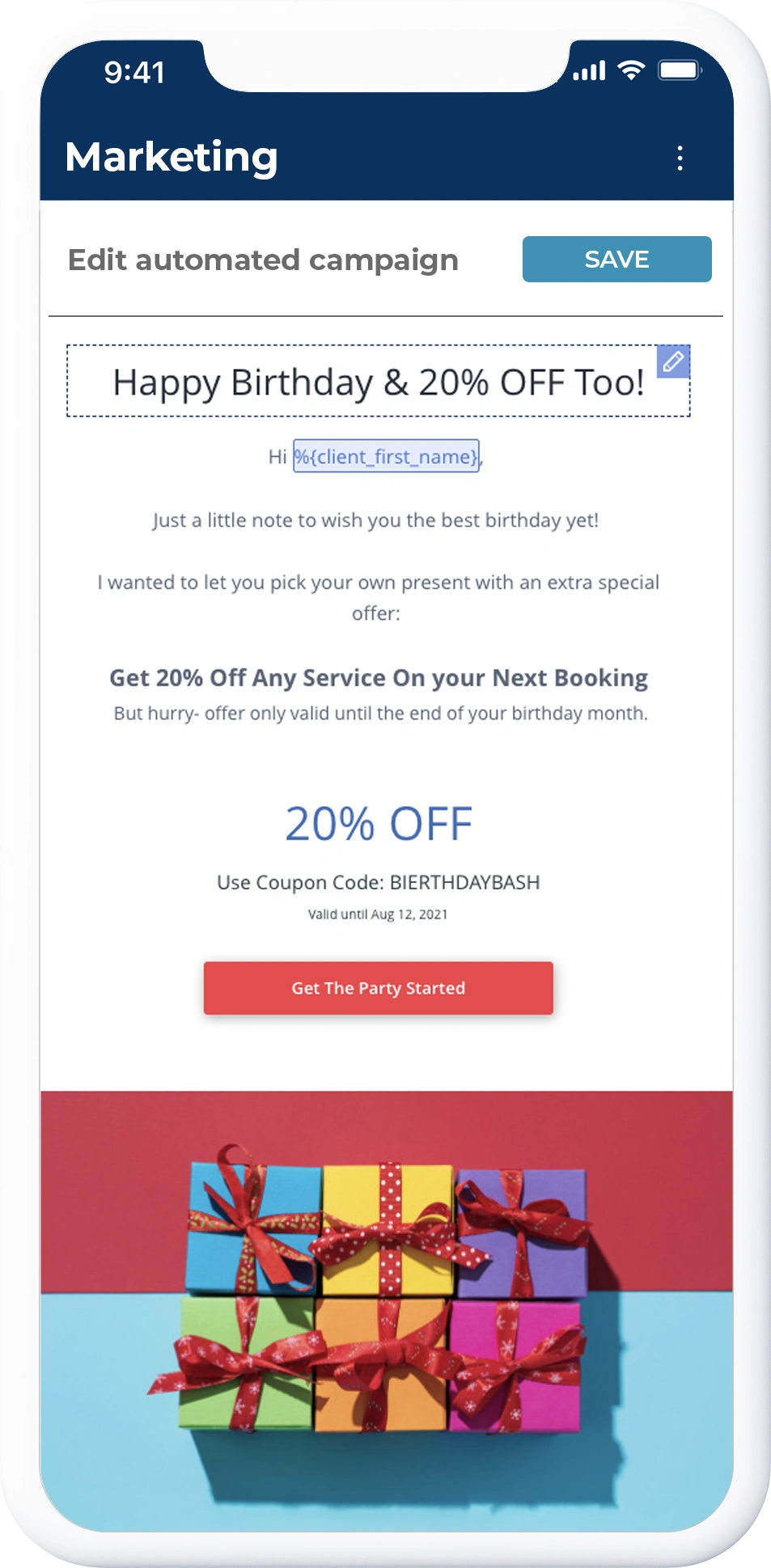 Email and SMS marketing campaign screen